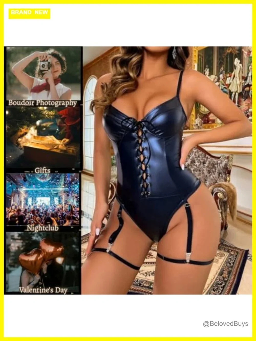 PU Leather Lace Up Bodysuit Corset Teddy Sexy V Neck Backless
